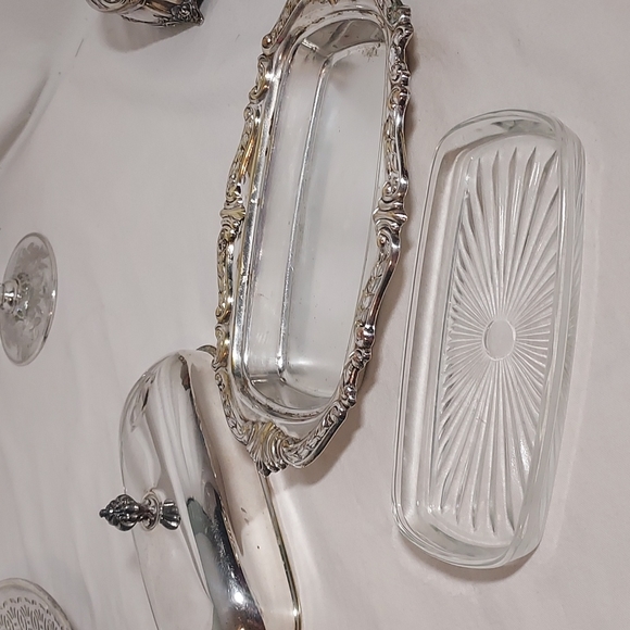 3pc Silver & glass Butter dish by Sheridan Silverplate vintage antique - Picture 5 of 15